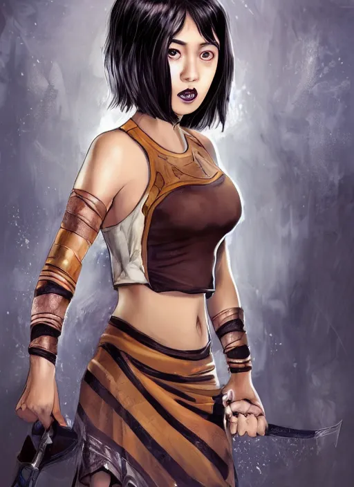 Image similar to An epic fantasy comic book style portrait painting of a young Malaysian Asian woman, expressive, dark piercing eyes, tomboy, pug-faced, pouting, tan skin, beautiful futuristic hairstyle, black and white striped tank top with long sleeves, bare midriff, unreal 5, DAZ, hyperrealistic, octane render, cosplay, RPG portrait, dynamic lighting