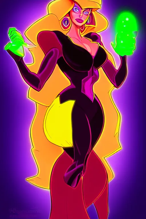 Prompt: a supervillainess with uranium glass powers, glowing energy effects, full color digital illustration in the style of don bluth, artgerm, artstation trending, 5 k