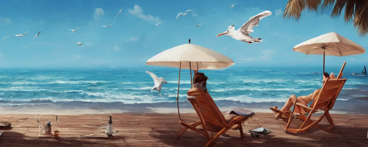 Image similar to an anthropomorphised seagull relaxing on a deck chair on the beach with a margarita in his hand, 4 k, digital illustration, artstation, greg rutkowski, concept art