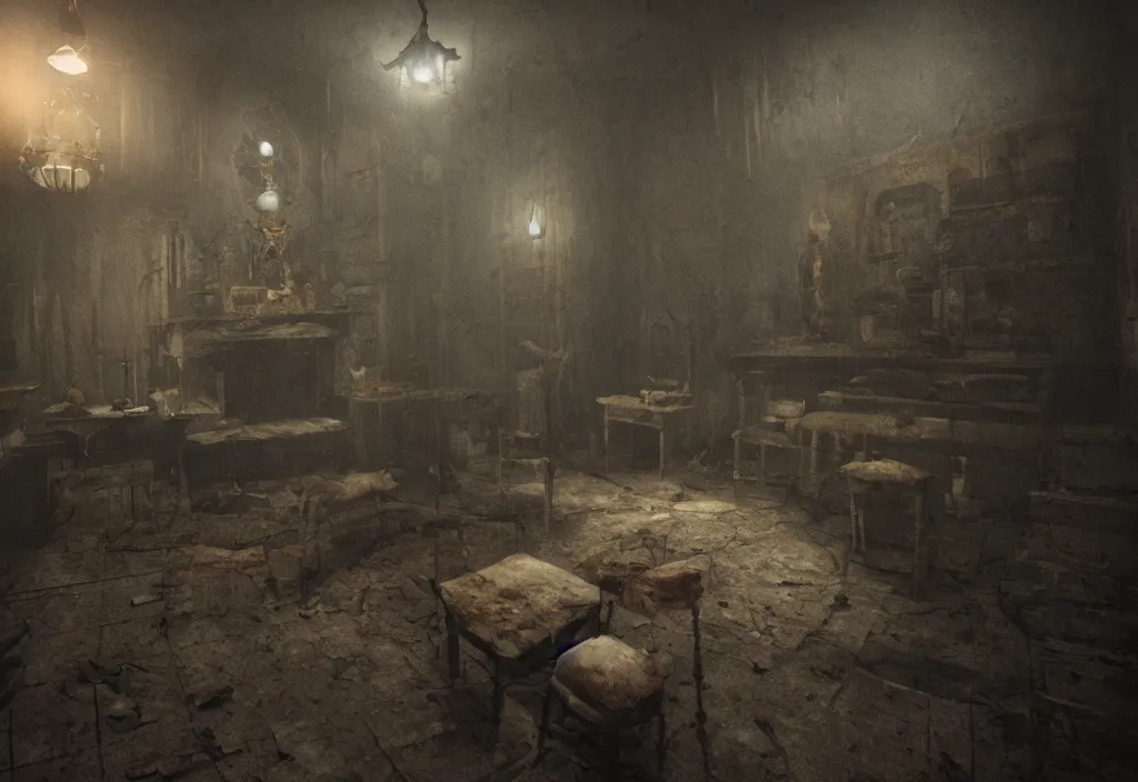 Image similar to eldritch hungry ghosts in a room of a haunted house. realistic, cinematic lighting, octane tender, dark - art
