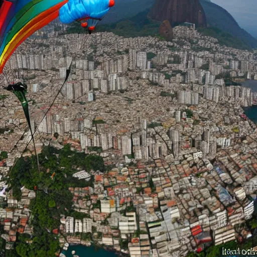 Prompt: view while parachuting down towards the slums of Rio, highly detailed, realistic