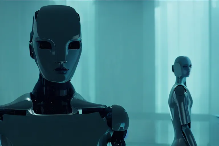 Prompt: film still of closeup sleek futuristic humanoid robot in blade runner 2 0 4 9, lobby, cinematic, moody, gritty neon noir by emmanuel lubezki