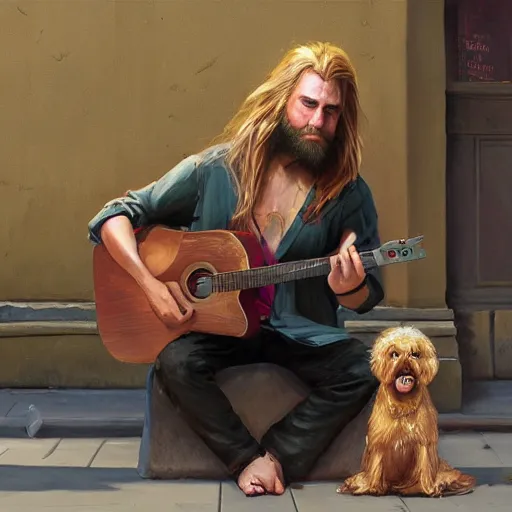 Image similar to oil painting of a young man with long hair blond and a beard hippie style with his golden retrever dog playing guitar in the square for money, people watching around, by greg rutkowski, artstation