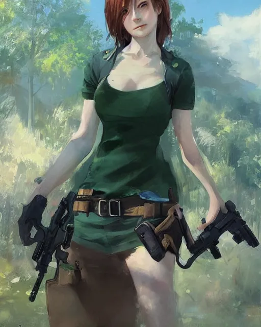 Image similar to elegant claire redfield in a green cottagecore dress, portrait, illustration, rim light, top light, summer clear blue sky, perfectly shaded, soft painting, art by krenz cushart and wenjun lin