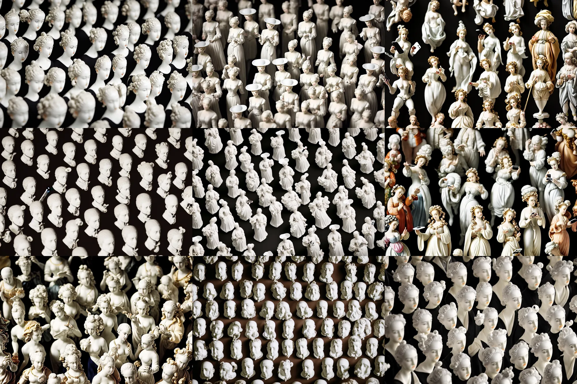 Prompt: A close up photo of porcelain composition of baroque figurines staring down at their iphones