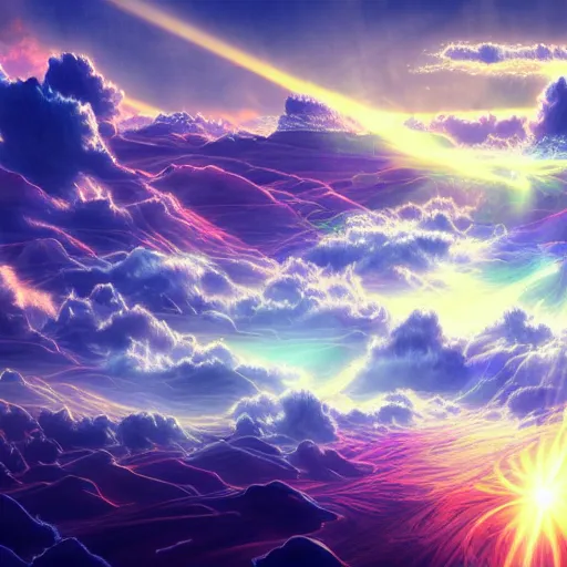 Image similar to vastly expanding lush otherwordly infnites of beautiful surreal scenery artwork pixiv. gigantic architectural modern design node network of cloud computing soul dust. unthinkable dream cloud computer infinites. sublime god lighting, sun rays, cold colors. insanely detailed, artstation!! pixiv!! infinitely detailed