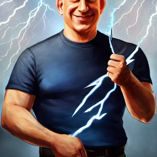 Image similar to portrait of benjamin netanyahu grinning while holding lightning bolts, by artgerm and greg rutkowski