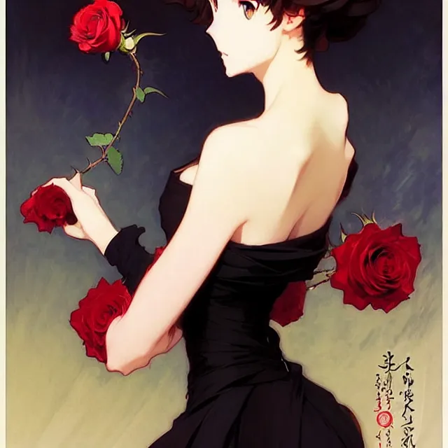 Image similar to beautiful rose anime girl in elegent black dress, krenz cushart, mucha, ghibli, by joaquin sorolla rhads leyendecker, by ohara koson