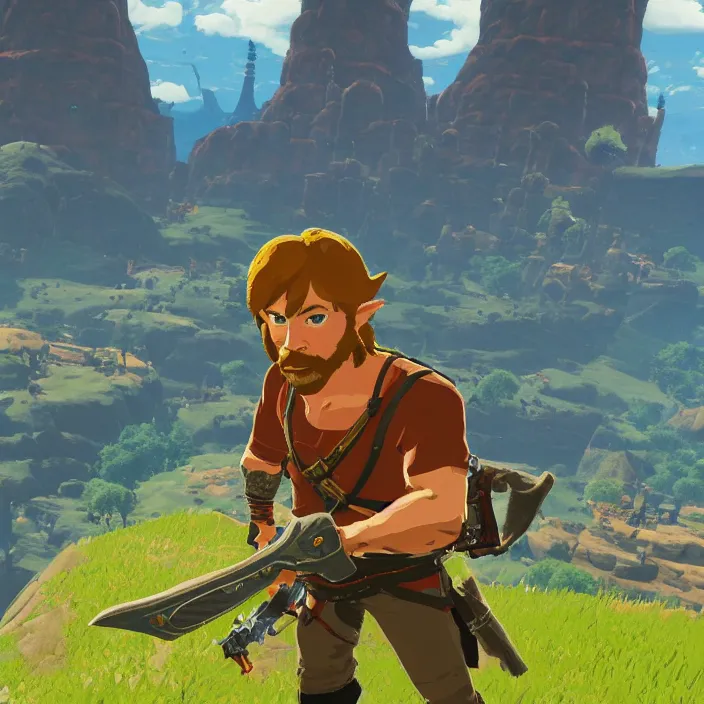 Image similar to Chuck Norris in The Legend of Zelda Breath of the Wild, detailed screenshot