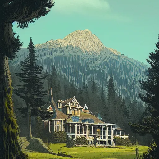 Image similar to illustration of an old victorian mansion, with beautiful mountain heather growing around it, large windows, greg rutkowski, mcbess