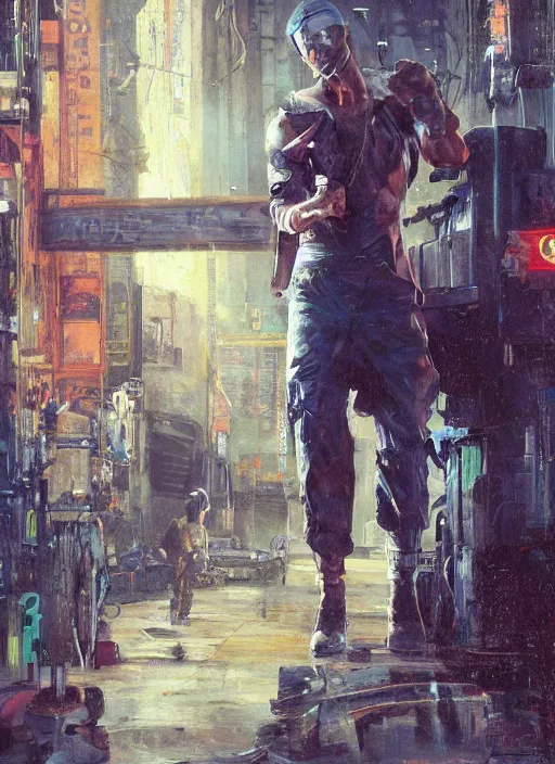 Image similar to Cyberpunk mechanic (blade runner 2049, cyberpunk 2077). Orientalist portrait by john william waterhouse and James Gurney and Theodore Ralli and Nasreddine Dinet, oil on canvas. Cinematic, hyper realism, realistic proportions, dramatic lighting, high detail 4k