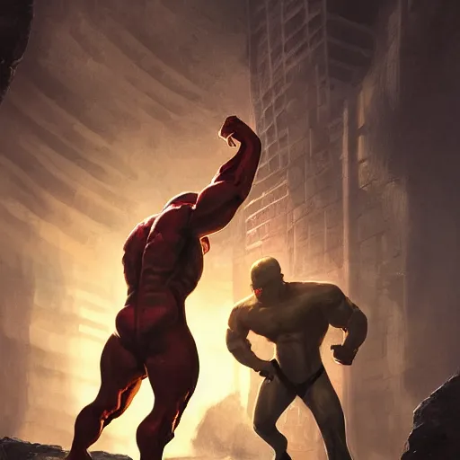 Image similar to a muscular octopus superhero fighting an evil scientist, dramatic lighting, cinematic, establishing shot, extremely high detail, photo realistic, cinematic lighting, post processed, concept art, artstation, matte painting, style by eddie mendoza, raphael lacoste, alex ross