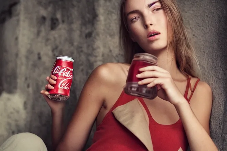 Image similar to beautiful fit summer fashion model woman drinking a Coca-Cola in natural light by Alessio albi