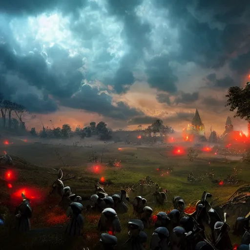 Prompt: epic battlefield of thousands of smurfs with medieval weapons battling, red moon shining golden red light hidden behind clouds, miniaturecore, supremely digital, medieval, unreal engine, super detailed, outstanding detail, dreamlike lighting, god rays