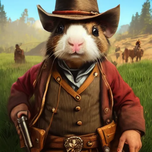 Image similar to cute little anthropomorphic Guinea Pig Red Dead Redemption 2 (2018 videogame) cover art, ultra wide lens shot , tiny, small, short, cute and adorable, pretty, beautiful, DnD character art portrait, matte fantasy painting, DeviantArt Artstation, by Jason Felix by Steve Argyle by Tyler Jacobson by Peter Mohrbacher, cinematic lighting