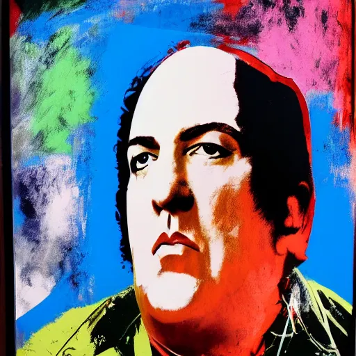 Image similar to painting of Tony soprano in the style of Andy Warhol hung on the wall of a modern art gallery, huge atrium lots of natural light, spectators looking at the painting