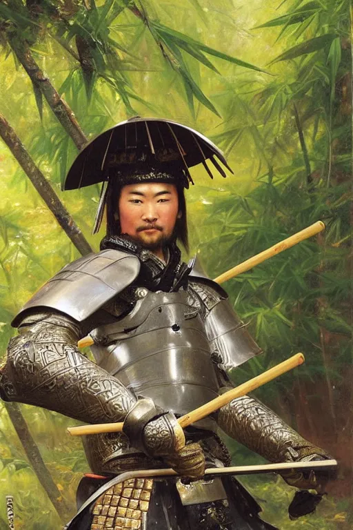 Image similar to close up of samurai warrior in full armor, in a bamboo forest, by vladimir volegov and alexander averin and delphin enjolras and daniel f. gerhartz