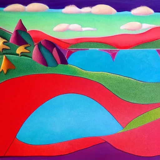 Image similar to A beautiful sculpture of a landscape. It is a stylized and colorful view of an idyllic, dreamlike world with rolling hills, peaceful looking animals, and a flowing river. The scene looks like it could be from another planet, or perhaps a fairy tale. Navajo red by Milton Avery spirited