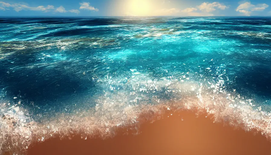 Prompt: beautiful crystal water sea with big breaking waves, sandy beach in the foreground, sun in the sky, hyperdetailed, artstation, cgsocitety, 8 k