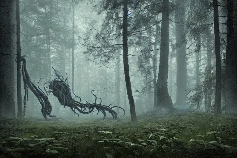 Image similar to creepy eldritch monster in a swedish forest, very low angle photograph, very detailed, trending on artstation, realistic, soft colors, simon stålenhag, lovecraft, horror