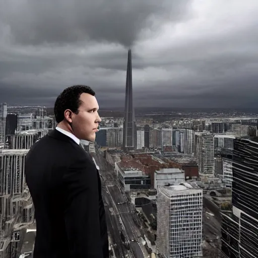 Image similar to Clean-shaven Jon Favreau wearing a black suit and black necktie and black dress shoes is climbing up a tall building in an urban city. The sky is filled with dark clouds and the mood is ominous.