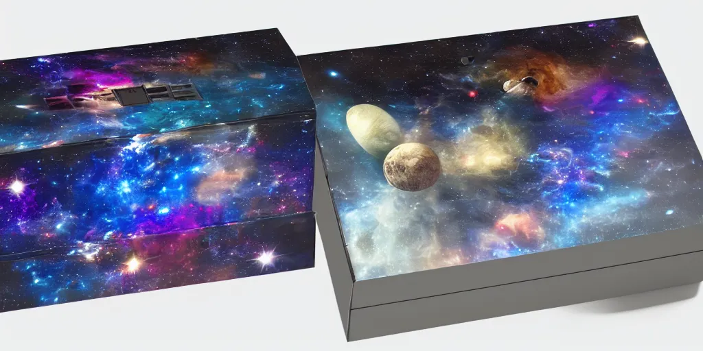 Image similar to box is bigger on the inside. background outer space. detailed. photorealistic