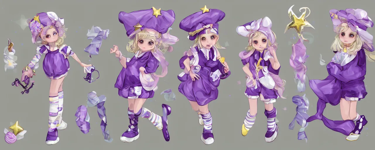 Prompt: A character sheet of full body cute magical girls with short blond hair wearing an oversized purple Beret, Baggy Purple overall shorts, Short Puffy pants made of silk, pointy jester shoes, a big billowy scarf, Golden Ribbon, and white leggings Covered in stars. Short Hair. Sunlit. Haute Couture. Baby the stars shine bright dress. Art by william-adolphe bouguereau and Paul Delaroche and Alexandre Cabanel and Lawrence Alma-Tadema. Smooth. Elegant. Highly Detailed. Intricate. 4K. UHD. Denoise.