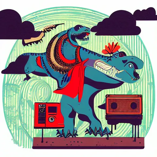 Image similar to memphis design, retro, 90s, detailed illustration, dinosaur samurai with a boombox