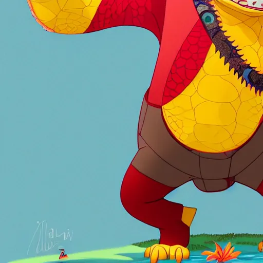 Image similar to in the style of loish, anthropomorphic alligator, red scales on his back, yellow scale on his belly and chest, male, waring a hawaiian shirt, in the style of zootopia