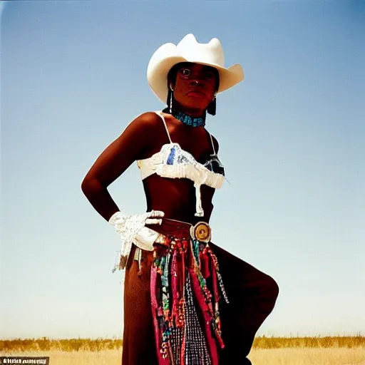 Prompt: kodachrome photograph of a stylish African-American female in a cowboy outfit, taken in 1996