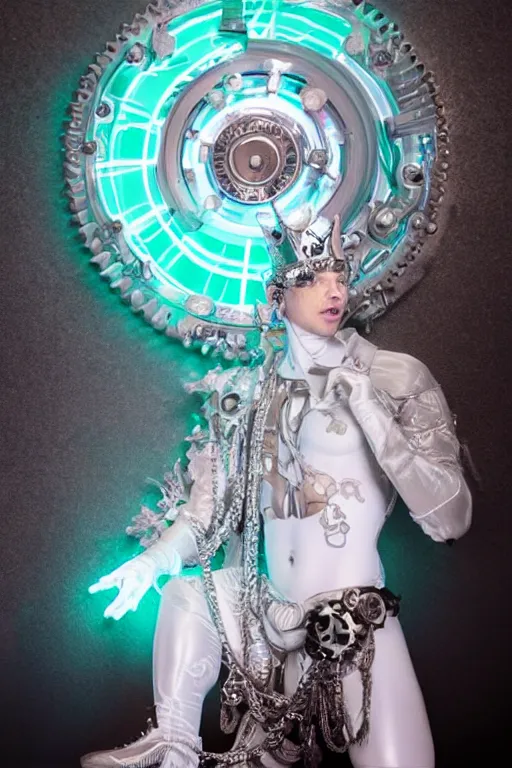 Image similar to full-body rococo and cyberpunk style neon statue of a muscular attractive Yandel macho dotado e rico android sim roupa reclining con las piernas abertas e la piroca dura, glowing white lasers, glowing eyes, silver prince crown, silver steampunk gears, white diamonds, swirling mint-colored silk fabric. futuristic elements. ethereal white dripping tar. full-length view. space robots. human skulls. large white balloon animals. intricate artwork by caravaggio. Trending on artstation, octane render, cinematic lighting from the right, hyper realism, octane render, 8k, depth of field, 3D