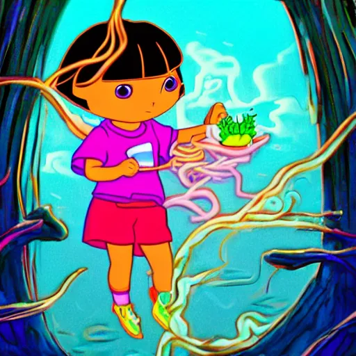 Prompt: Dora the explorer eating ramen noodles. cinematic, cartoon, detailed, under water, vegitation, psychedelic, dramatic lighting, trending on deviantart