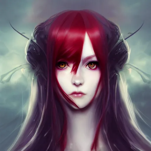 Image similar to facial portrait of a young pretty anime woman, long red hair, dark eyes, gothic eyeliner, character concept art, headshot, Charlie Bowater, Anna Dittmann, WLOP, Rumiko Takahashi, Akihiko Yoshida, Hyung-tae Kim, alexander mcqueen, trending on Artstation