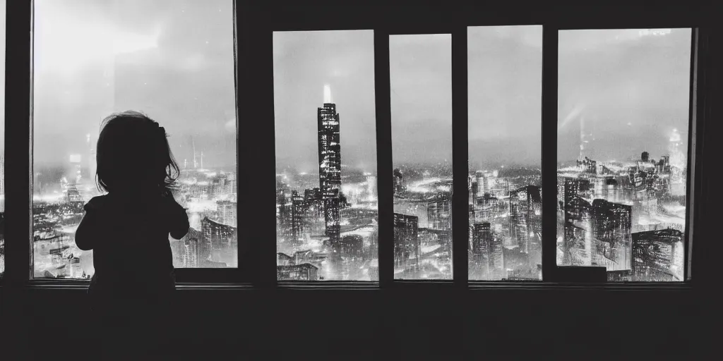 Image similar to overlooking on night city cyberpunk from floor to ceiling window, one little girl, beautiful hair at the back, looking out the window, liminal, cinematic, dreamscape