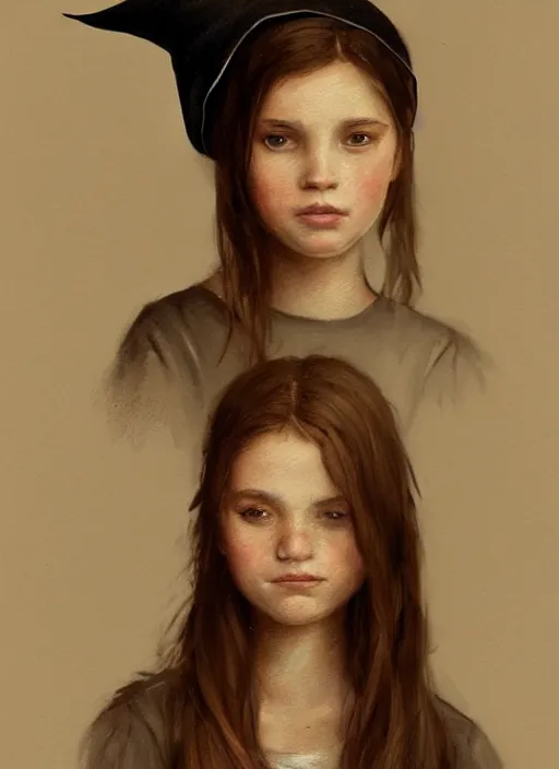 Image similar to a portrait of a thirteen year old girl with brown hair. she is wearing a simple dress and a black pointed witch hat. beautiful painting with highly detailed face by greg rutkowski and magali villanueve