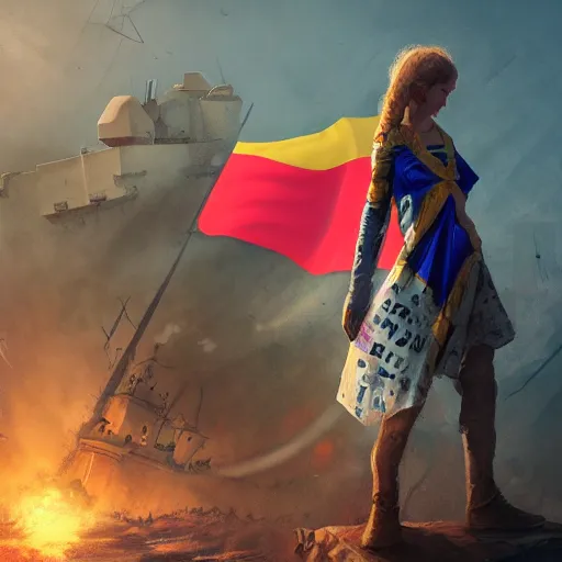 Image similar to ukrainian girl with ukrainian flag near big ruined warship, trying to survive, everywhere, concept art, trending on artstation, highly detailed, intricate, sharp focus, digital art, 8 k