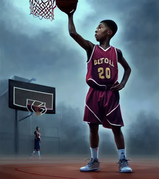 Image similar to "portrait of a boy at a basketball court playing basketball wearing a basketball uniform in a basketball court standing near the basketball hoop