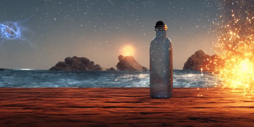 Prompt: a supernova inside a water bottle on a wooden table, hyperrealistic, concept art, octane render, unreal engine 5, trending on artstation, high quality, highly detailed, 8 k hdr, soft lighting, path traced, a beach at sunset in the background, bloom, high coherence, symmetrical, high contrast, digital art, serene landscape, cinematic