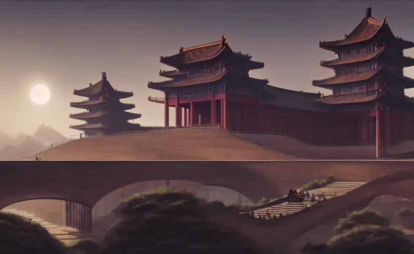 Prompt: exterior shot of utopian ancient chinese architecture with cinematic lighting by zaha hadid peter zumthor and renzo piano and frank gehry, darek zabrocki and greg ruthkowski, simon stalenhag, cinematic, holy place, paradise, scifi, futurism, atmospheric, concept art, artstation, trending on artstation