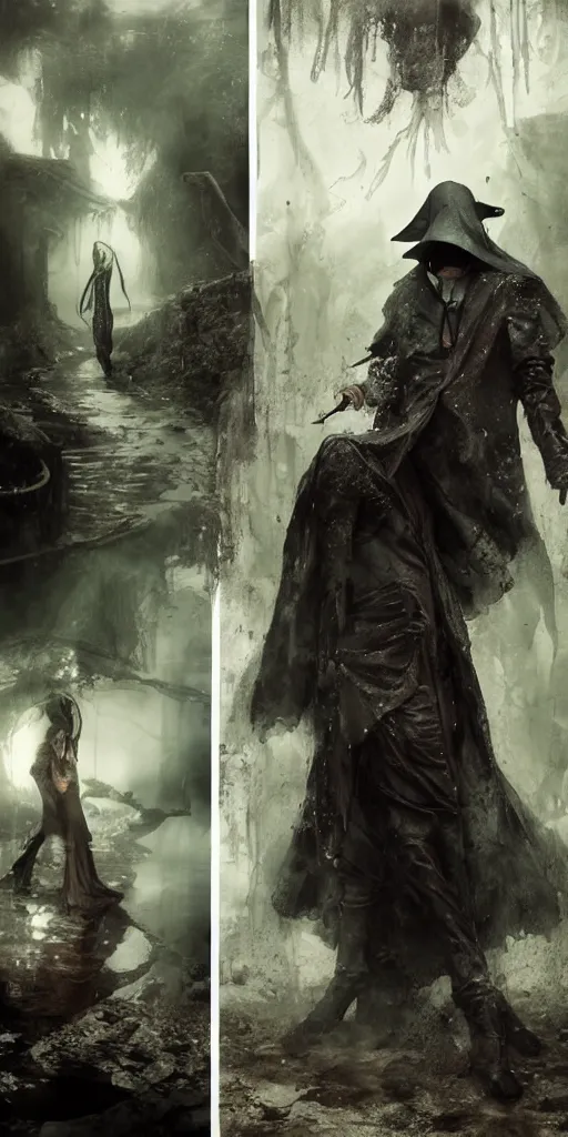 Prompt: poisonous river, plague doctor, medium shot, dark fantasy, gritty, by paolo roversi, by bastien lecouffe - deharme, by yanjun chen, by makoto shinkai