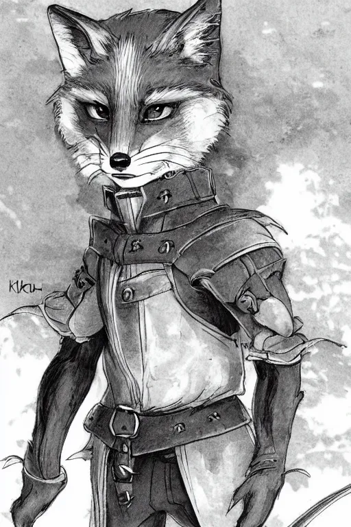 Prompt: manga art of an anthropomorphic medieval fox, half - tone, trending on pixiv, by kohei horikoshi