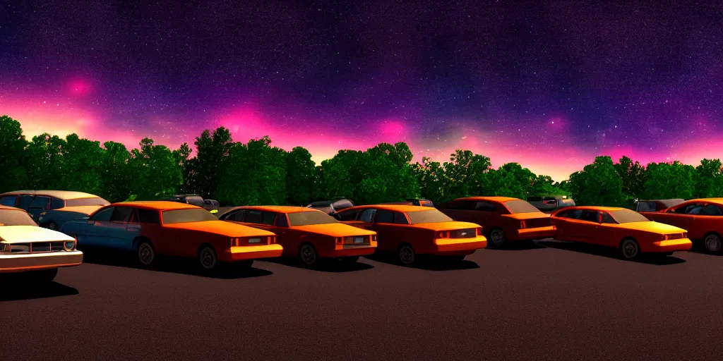 Image similar to a drive in movie theater with row of parked cars, detailed, volumetric lighting, starry night, dusk