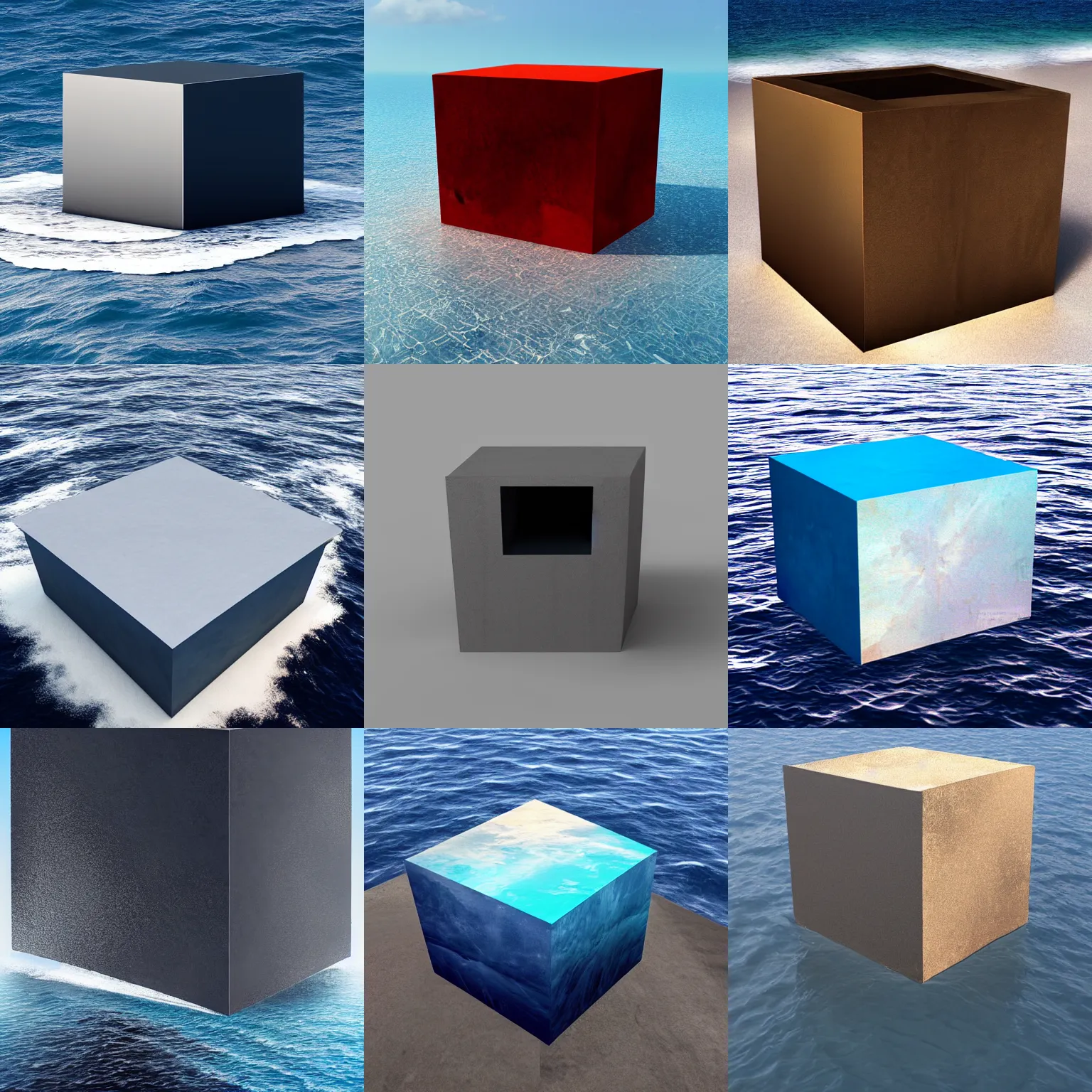 Prompt: a cube in the middle of the sea in the style of Richard Serra, artgerm, trending on ArtStation, masterpiece
