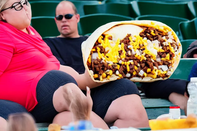 Image similar to obese woman eating a giant burrito sitting at a baseball game, photograph,