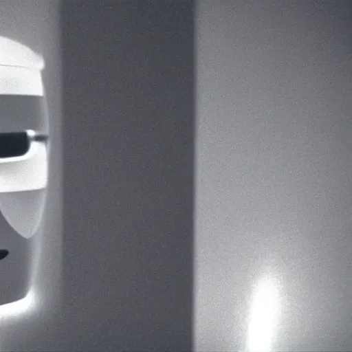 Image similar to Possession of a robot, movie by Andrzej Żuławski, movie still, robot head and man head looking to the side, dop