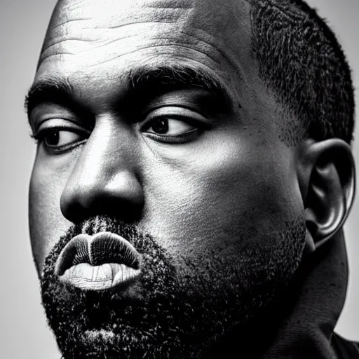Image similar to the face of kanye west wearing yeezy clothing at 3 7 years old, portrait by julia cameron, chiaroscuro lighting, shallow depth of field, 8 0 mm, f 1. 8