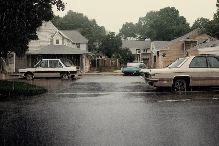 Image similar to a detailed photograph of a 1 9 8 0 s american neighborhood by gregory crewdson, 4 k, rain