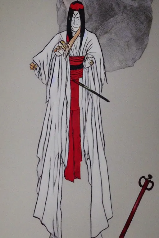 Prompt: samarai cloaked in white with swords, standing in light beam of a dark cave, ruby red sorrow, high quality, ultra detail