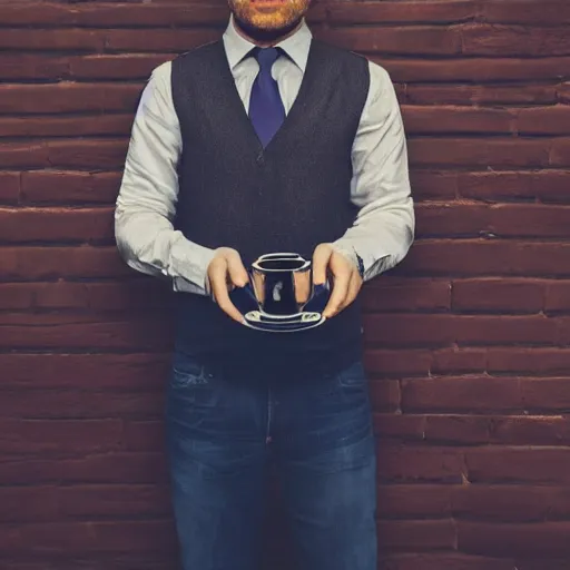 Image similar to full-body photograph of a man with a teacup for a head, hd, 4k