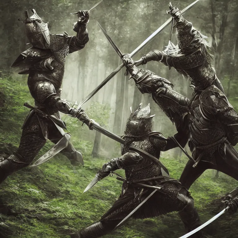 Image similar to two knights fighting with swords in forest, highly detailed, smooth, sharp focus, portrait, concept art, intricate details, fantasy poster, dark athmosphere, 8 k. lifelike. nikon d 8 5 0